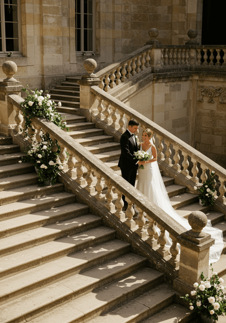 Couple exchanging vows on château stone staircase during golden hour
