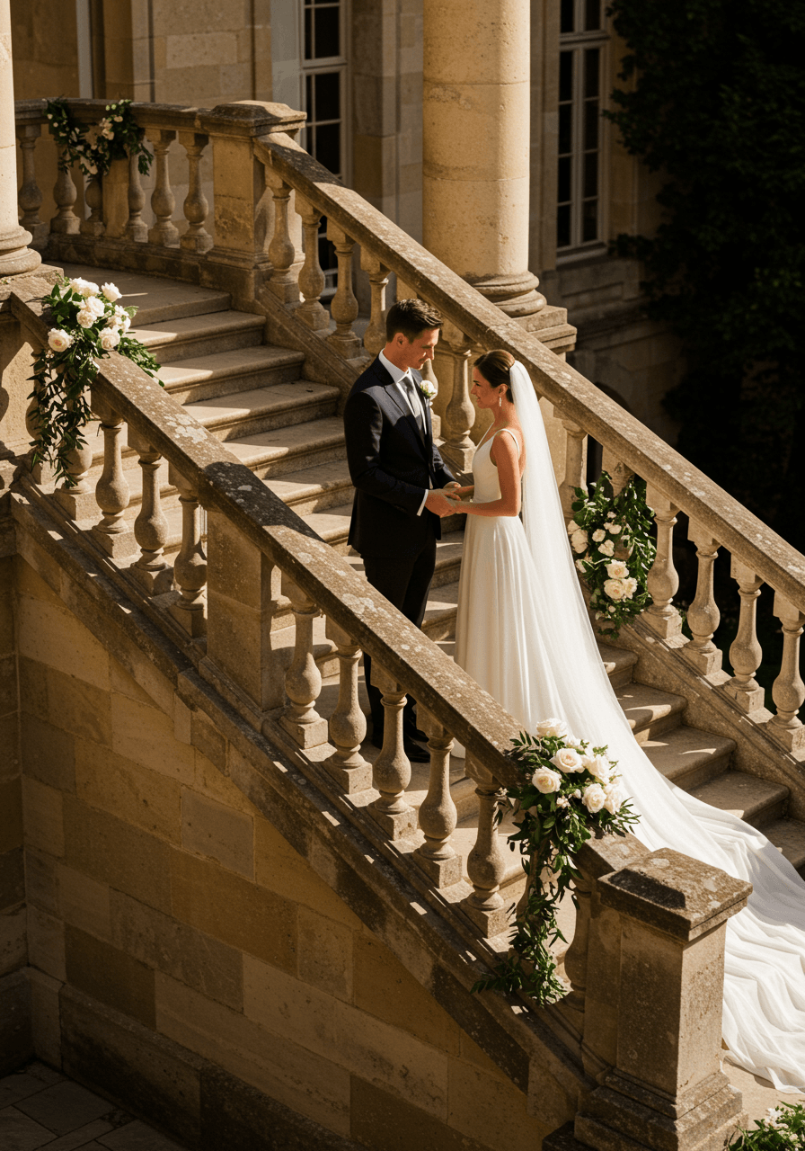 Close-up of couple's hands during ceremony on château steps