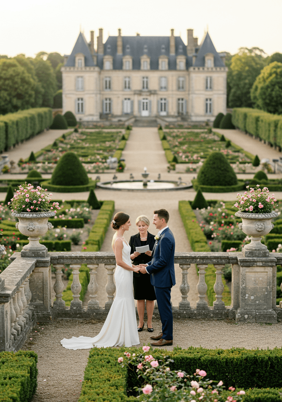 Wedding ceremony on château terrace overlooking expansive formal gardens