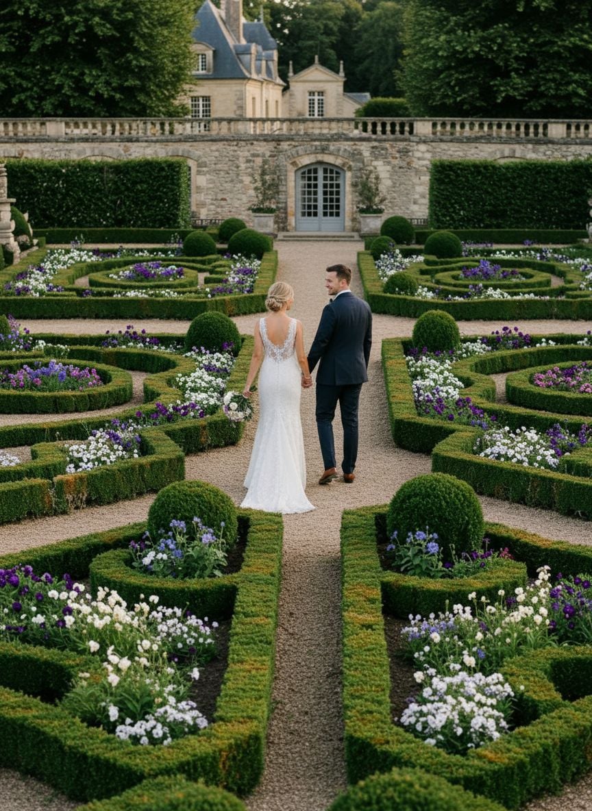 Wedding ceremony in formal French parterre garden during golden hour