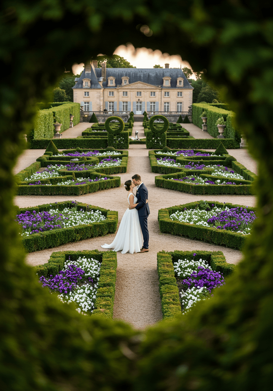 First kiss moment in sculpted parterre garden with château backdrop