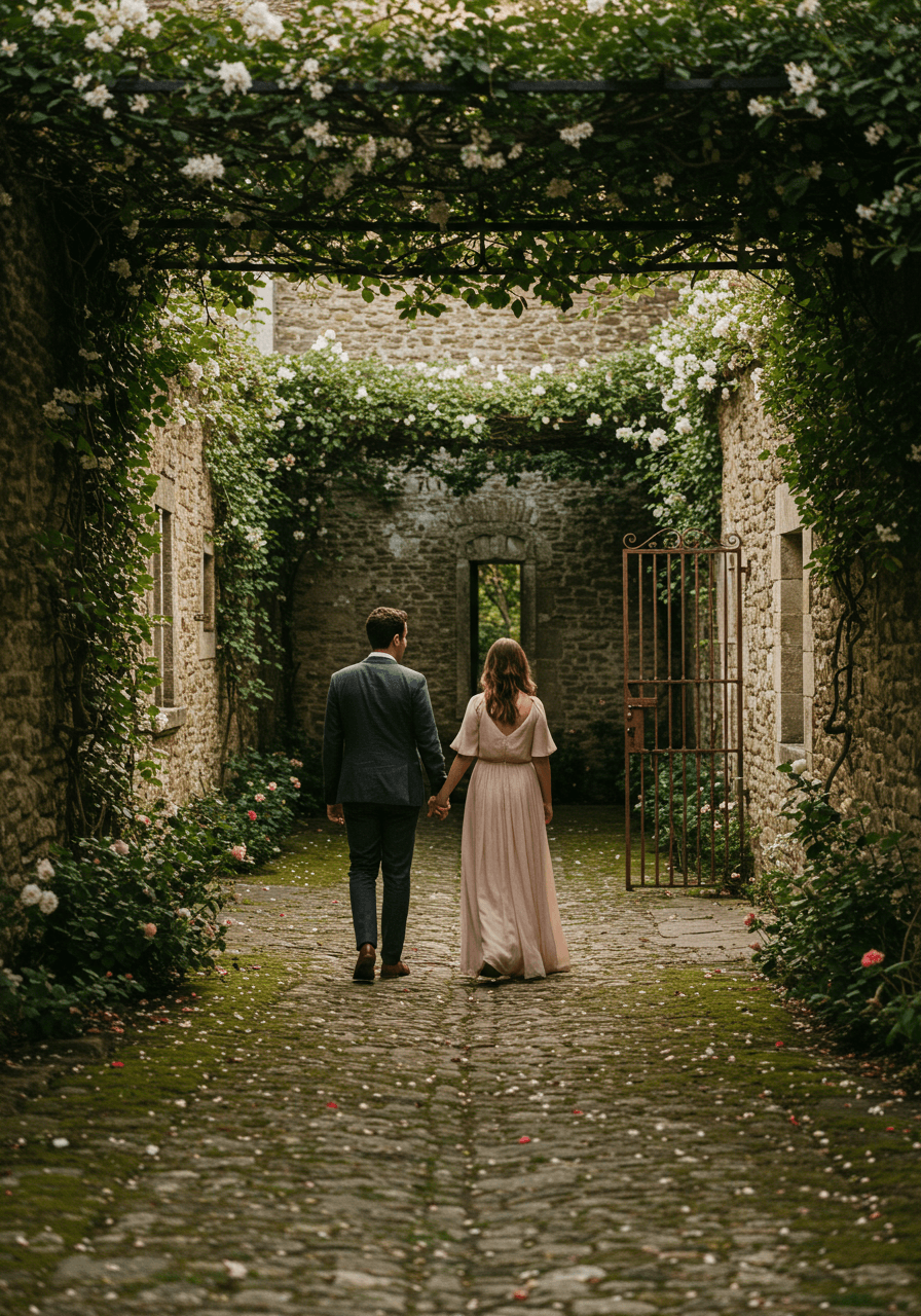 Romantic couple in secret château courtyard garden during golden hour