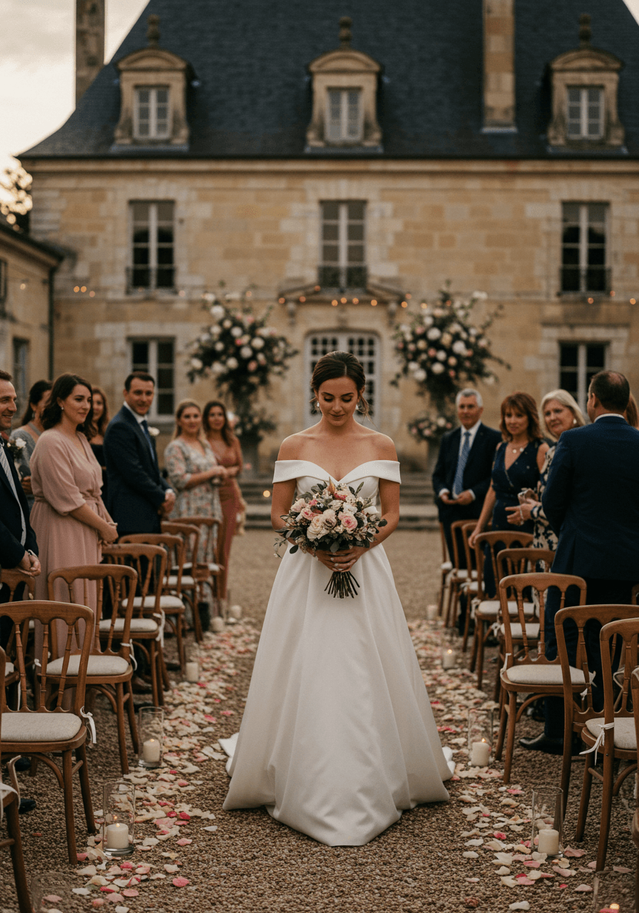 Bride pausing during aisle walk with golden sunlight streaming through courtyard