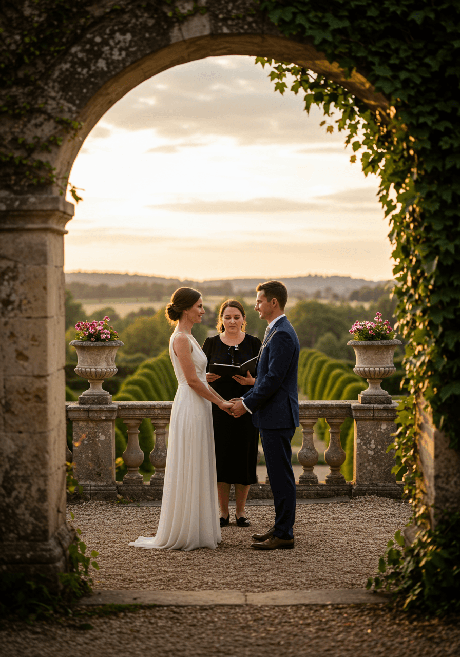 Close-up of couple during terrace ceremony with warm golden lighting