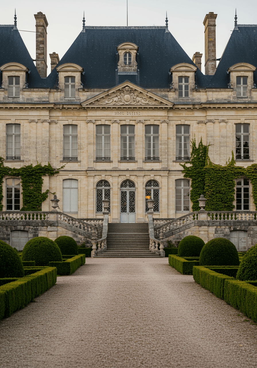 Wide view of grand French château entrance with classical stone architecture