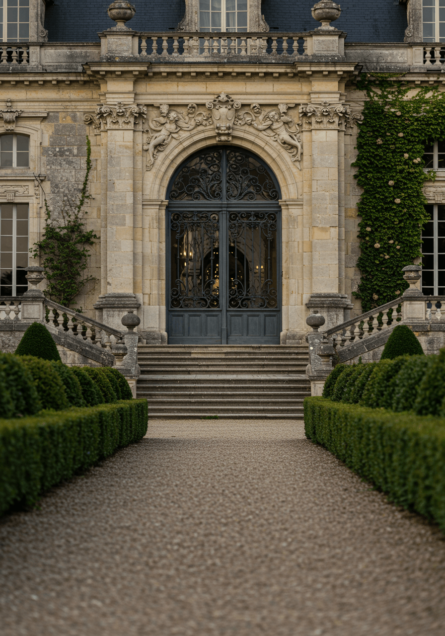 Close-up detail of ornate château entrance doors with decorative ironwork