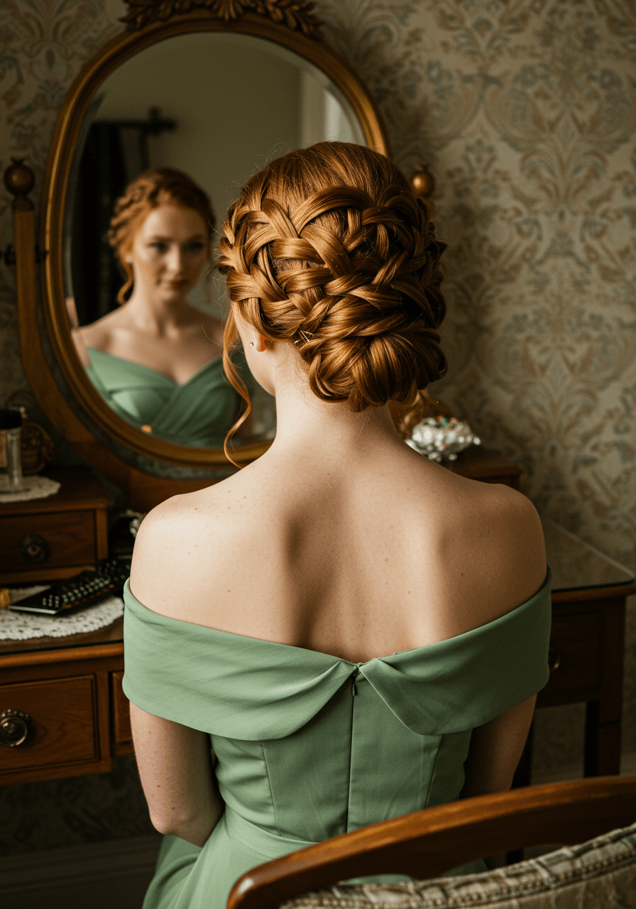 Bridesmaid with auburn hair in intricate basket weave updo showcasing intersecting braided sections in sage green dress