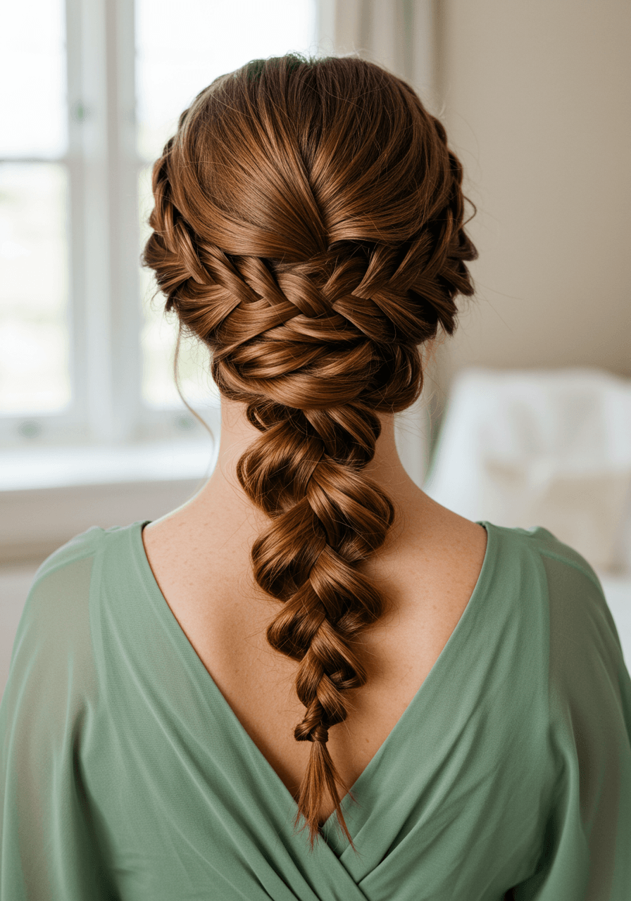 Bridesmaid with auburn hair in fishtail braid wrapped into low bun showcasing intricate weaving pattern in sage green dress