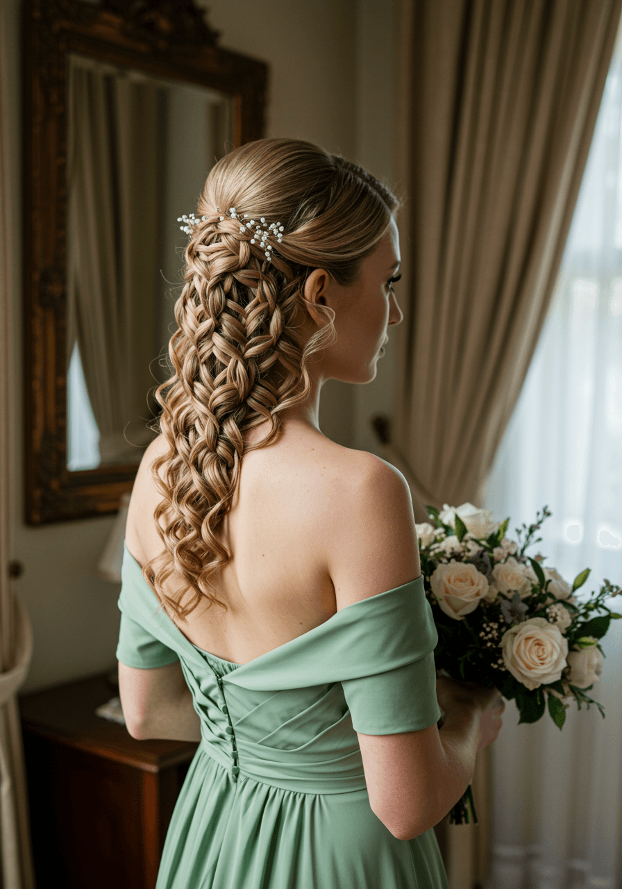Bridesmaid with sculptural architectural knot featuring geometric woven sections in sage green dress