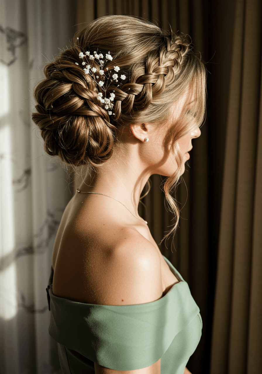 Bridesmaid with multiple interwoven braids of varying thickness gathered into high bun with white floral accents in sage green dress
