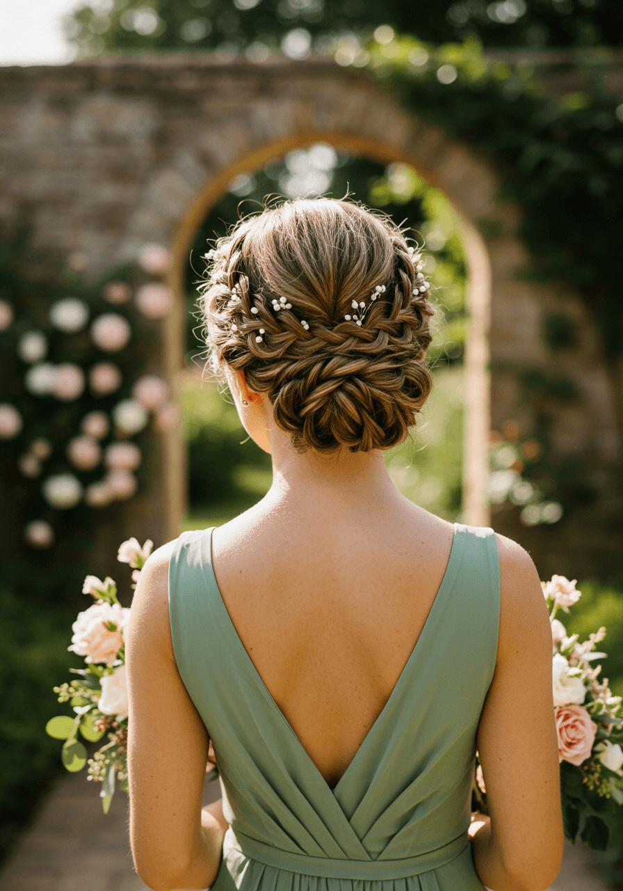 Bridesmaid with braided crown transitioning into low bun in sage green dress in garden courtyard