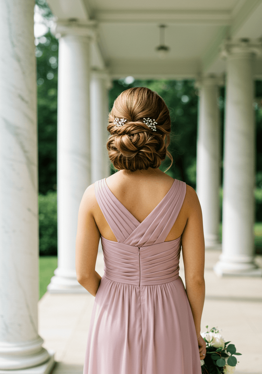 Bridesmaid with asymmetrical side-swept bun featuring contrasting volume in dusty rose dress
