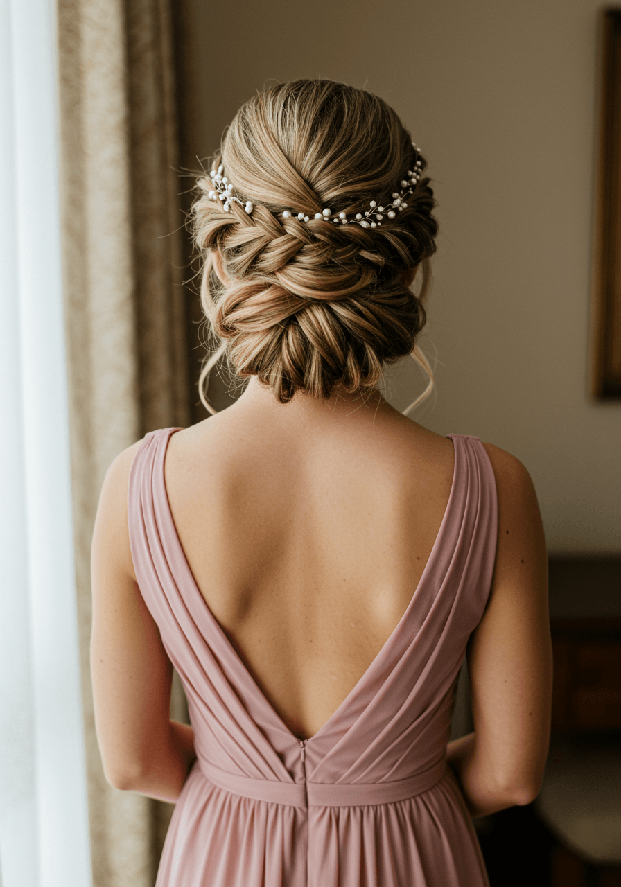 Bridesmaid with raised Dutch braid transitioning into deliberately textured messy bun in dusty rose chiffon dress
