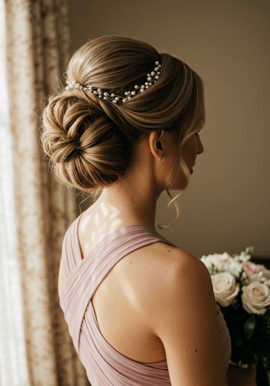Bridesmaid with voluminous textured high bun featuring teased crown and face-framing wisps in dusty rose dress