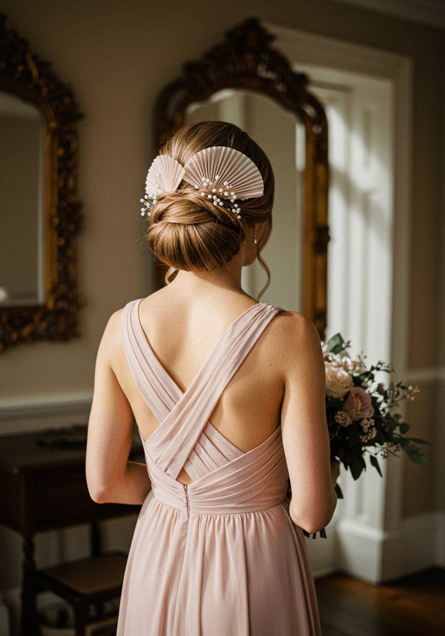 Bridesmaid with distinctive fan bun featuring radiating sections arranged in elegant pleated pattern in dusty rose dress