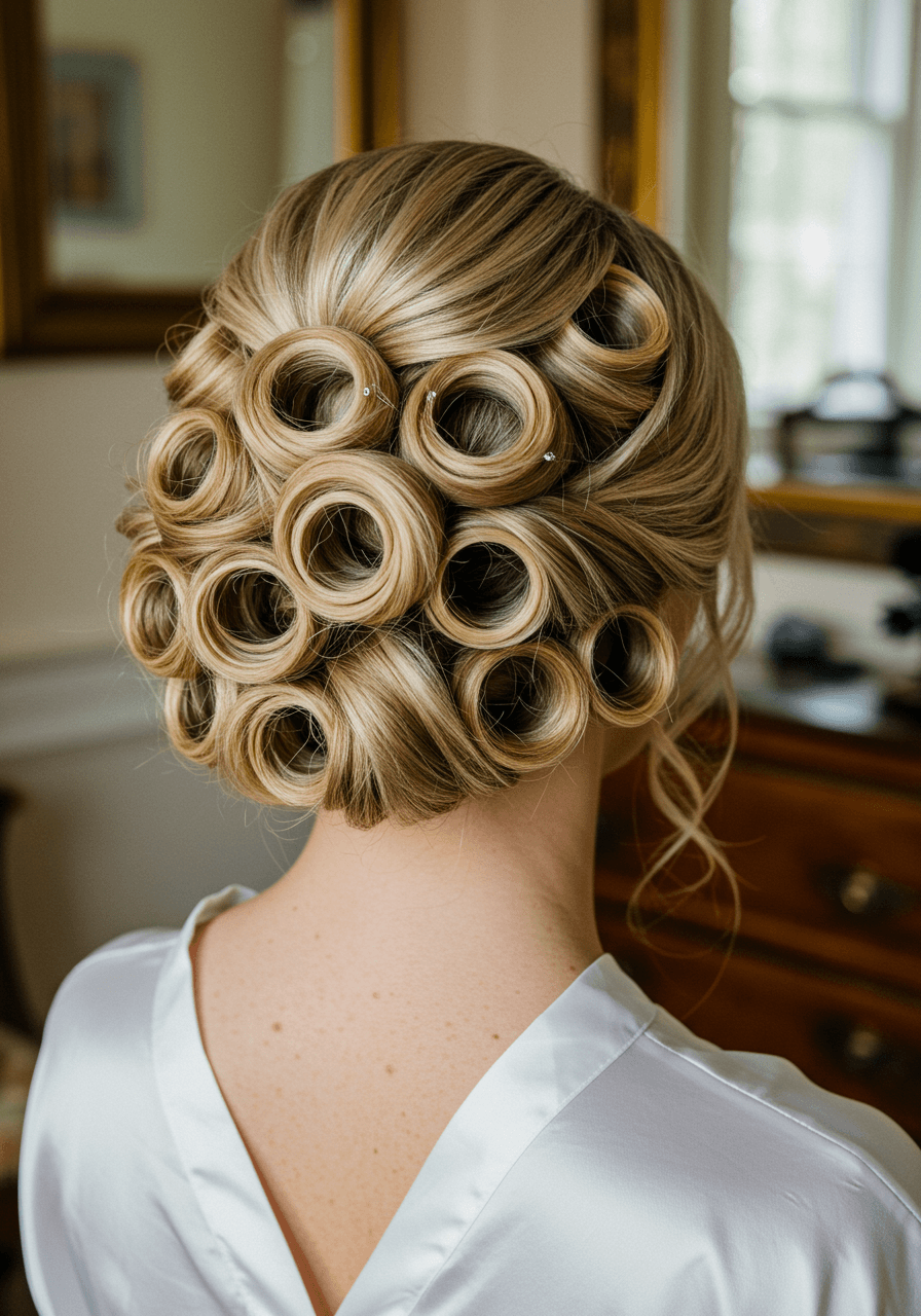 Bridesmaid with honey blonde Gibson tuck featuring softly rolled sections in vintage bridal suite