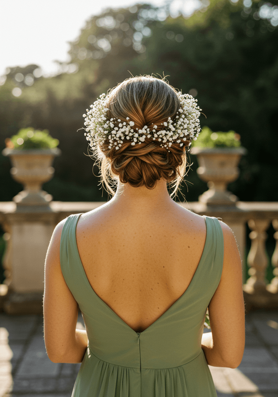 Bridesmaid with low twisted updo adorned with ethereal baby's breath crown in sage green dress at golden hour