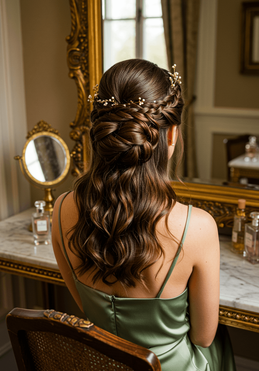 Bridesmaid with sculptural high bun wrapped in elaborate braiding accented with gold accessories in sage green silk gown