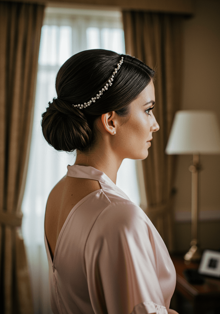 Bridesmaid with sleek low chignon featuring centre part and pearl accessories in dusty rose dress