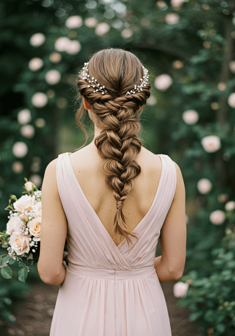 Bridesmaid with elaborate pretzel twist updo featuring sculptural interwoven sections in blush pink dress in garden setting