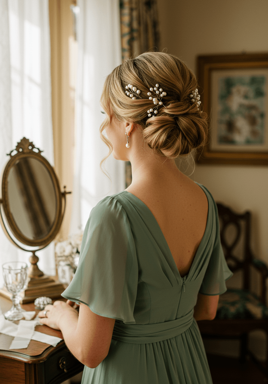 Bridesmaid in sage green dress with textured updo featuring organically scattered pearl pins throughout honey-toned waves
