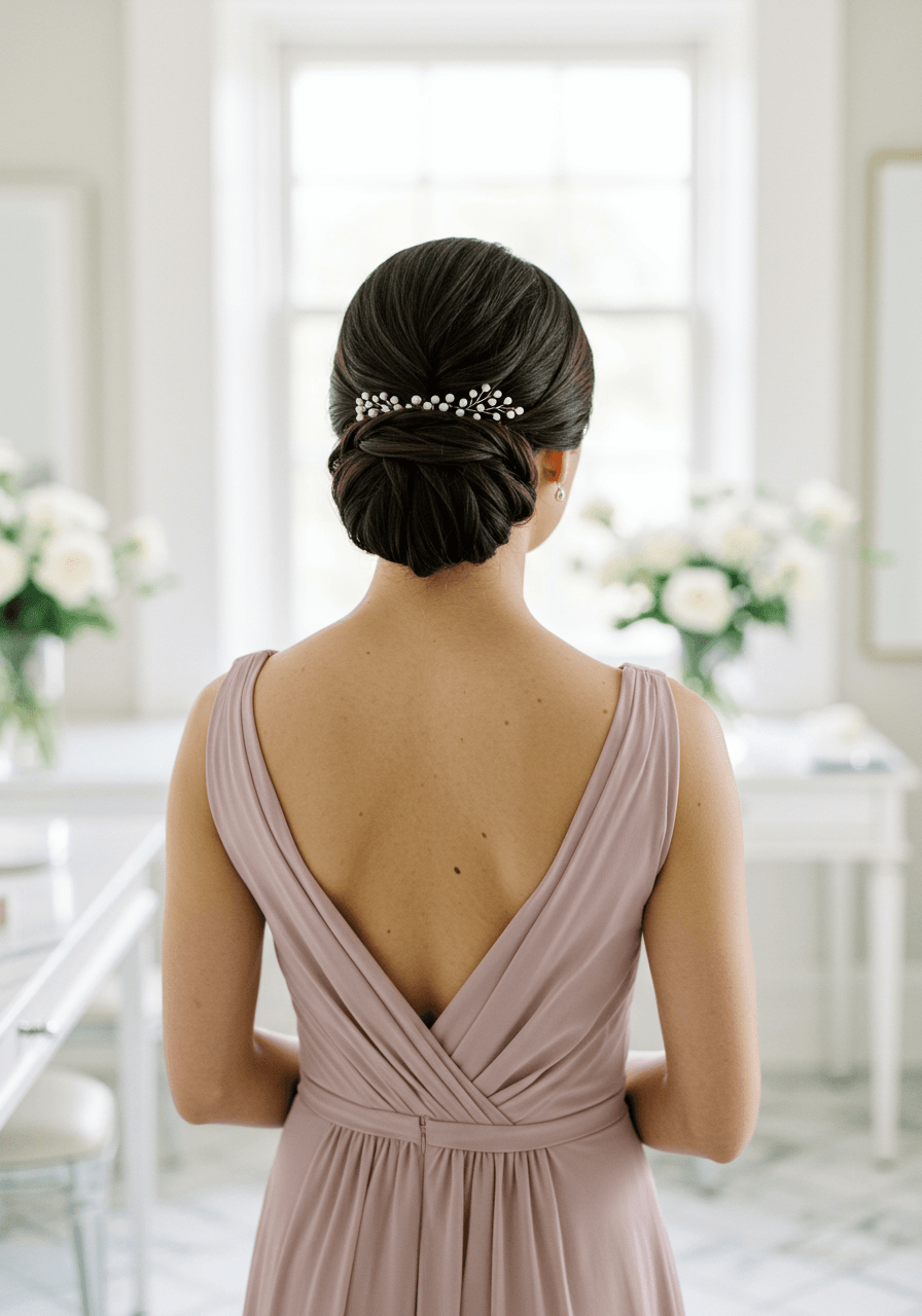 Bridesmaid with streamlined minimalist loop updo featuring clean lines in dusty rose dress