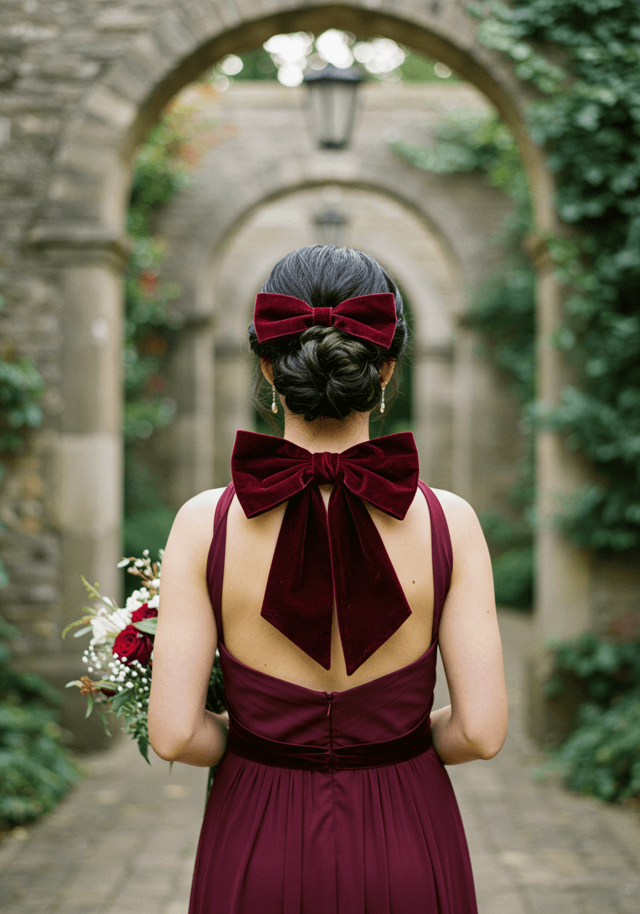 Bridesmaid with low chignon adorned with luxurious burgundy velvet bow in garden courtyard with stone archways