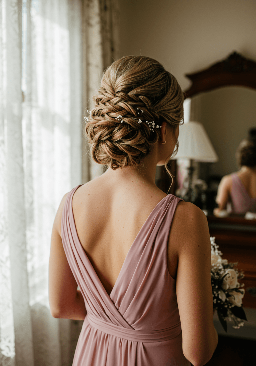 Bridesmaid with waterfall braid featuring cascading sections pinned into sophisticated low updo in dusty rose dress