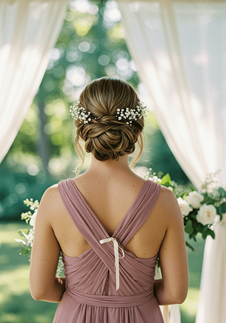 Bridesmaid with softly pinned undone updo featuring loose tendrils and baby's breath in dusty rose chiffon dress