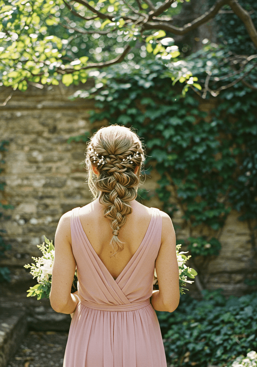 Bridesmaid in dusty rose dress with dimensional twisted rope braid updo accented with pearl pins