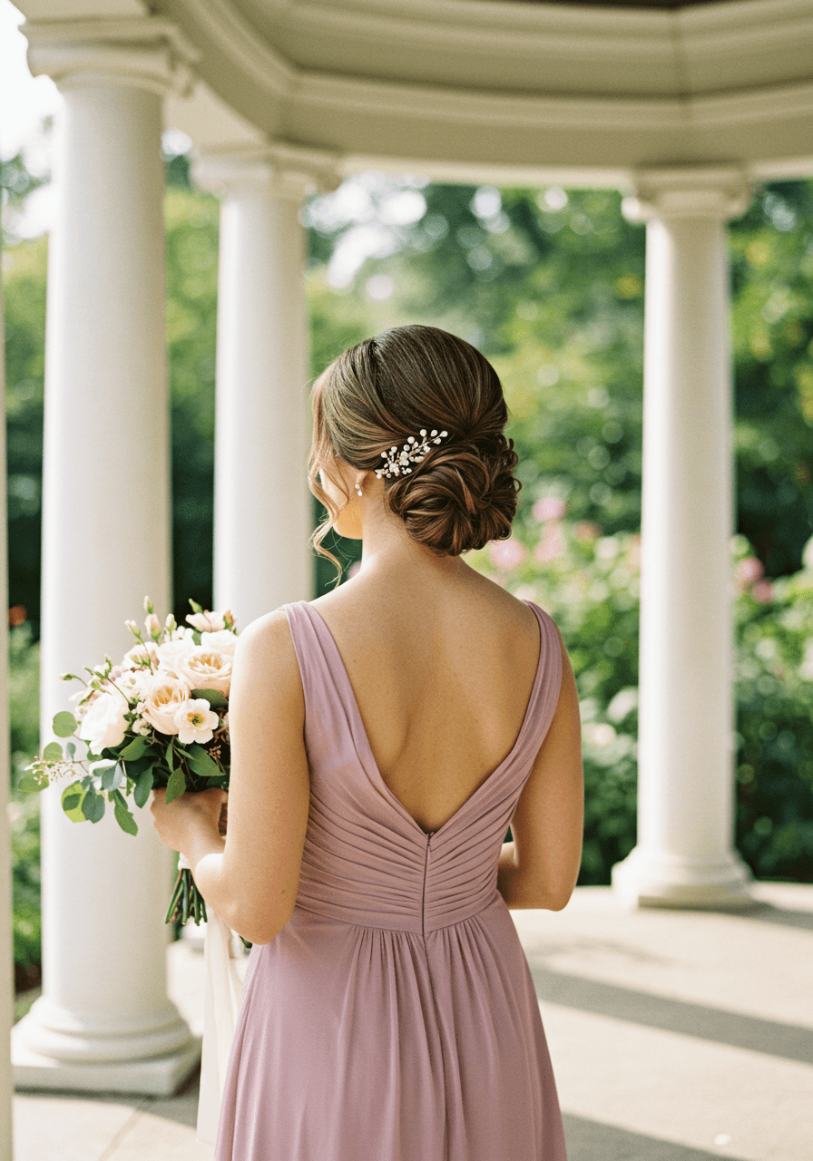 Bridesmaid with strategically teased crown balanced with sleek low bun accented with pearl pins in dusty rose chiffon dress