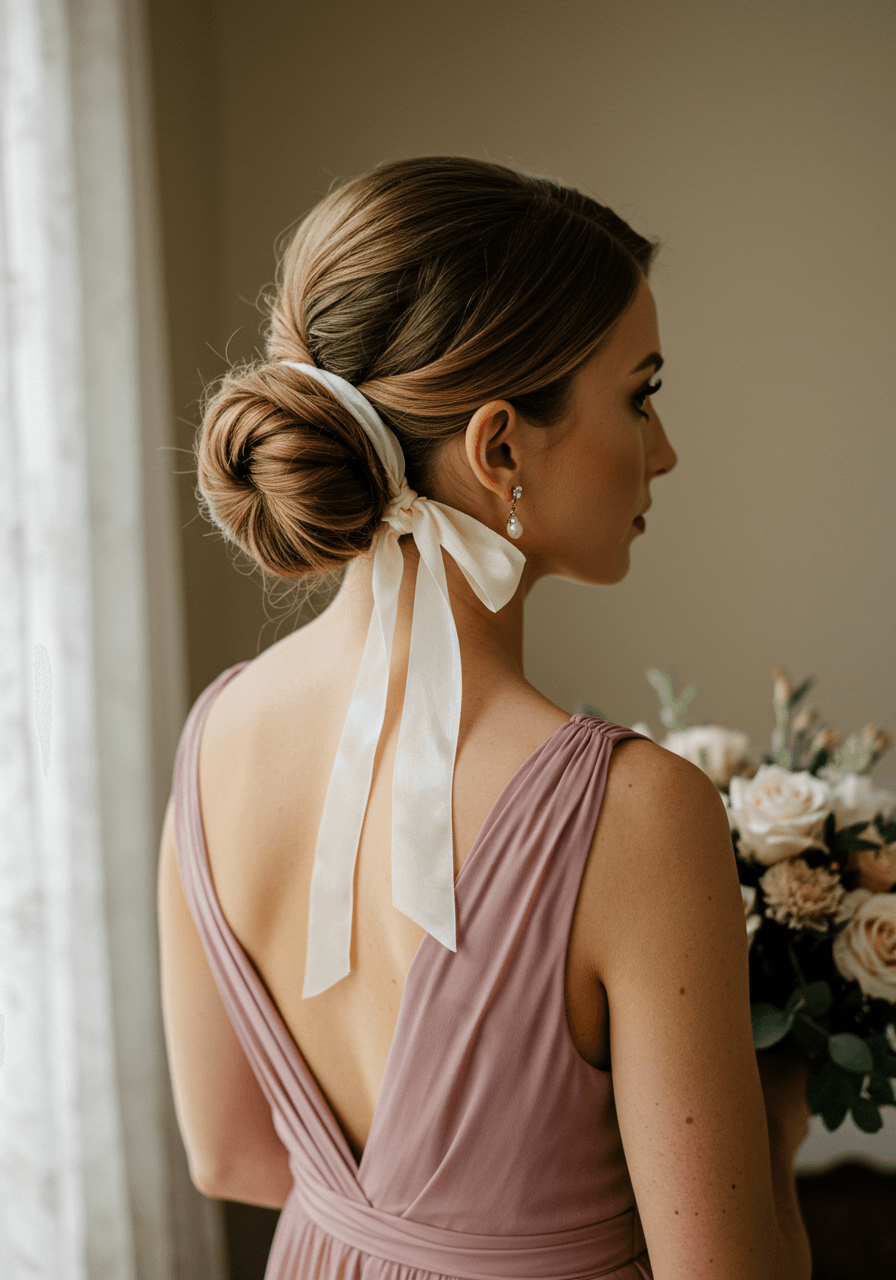Bridesmaid with low sock bun elegantly wrapped with cream silk ribbon in dusty rose dress