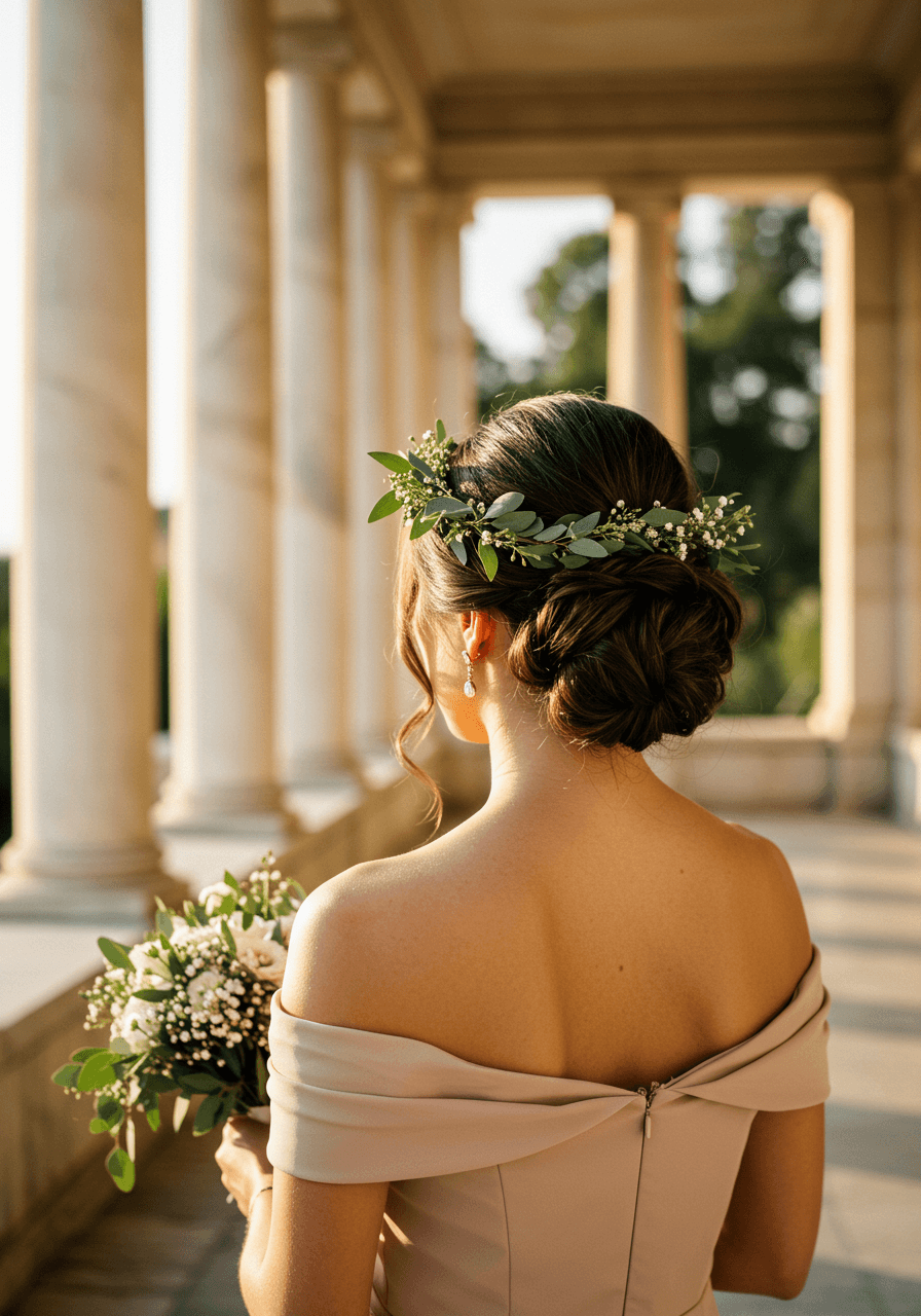 Bridesmaid with Grecian-inspired rolled updo adorned with eucalyptus vine and white blooms in champagne dress near classical columns