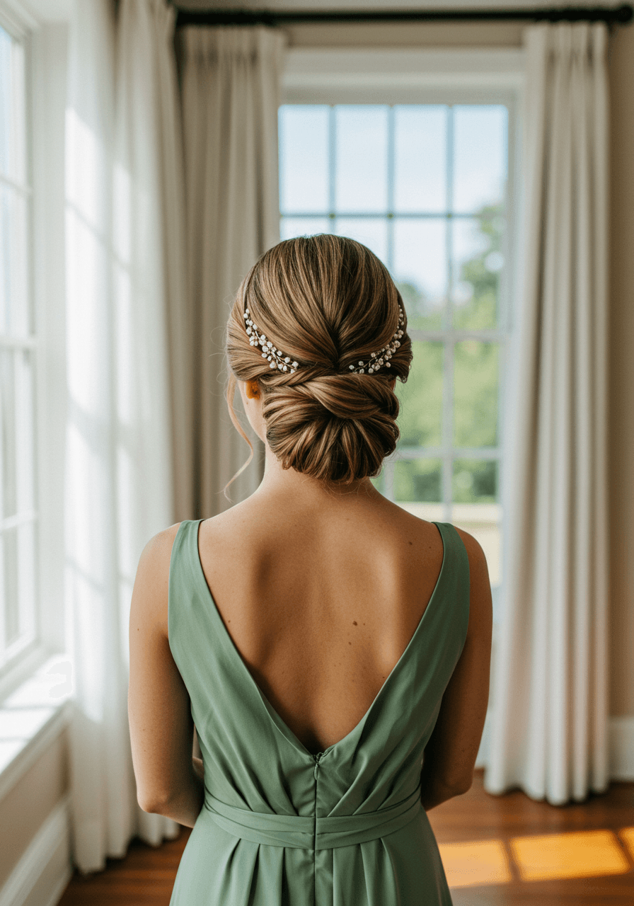 Bridesmaid with razor-sharp centre part and sleek low twisted updo in sage green silk dress
