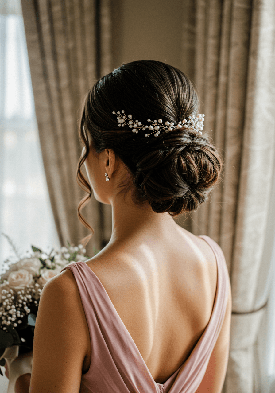 Bridesmaid with brunette hair in sophisticated looped pony-through bun featuring clever construction in dusty rose dress