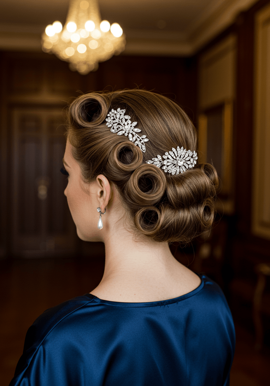 Bridesmaid with Old Hollywood pin-curled updo and glossy finger waves in navy blue dress