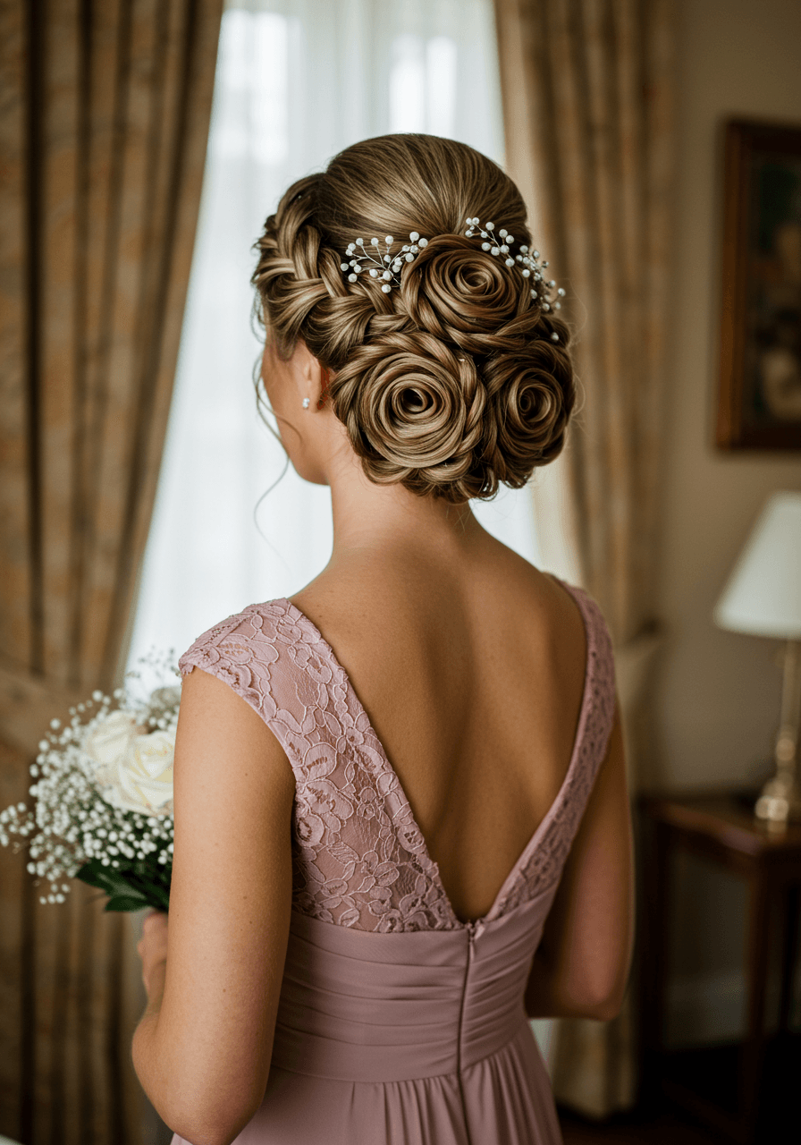 Bridesmaid with sculptural rose-shaped braided bun featuring coiled petal-like sections in dusty rose dress