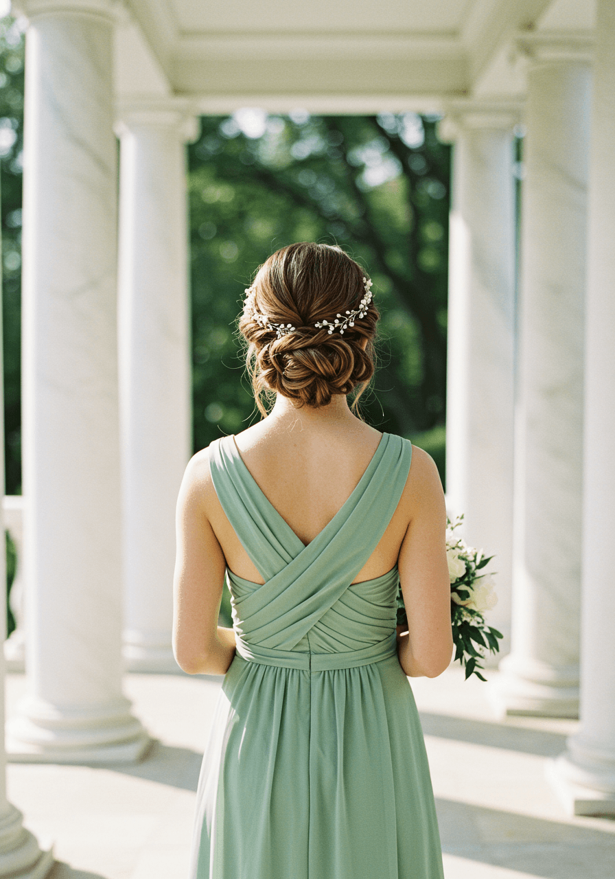 Bridesmaid in sage green dress with textured French twist updo in garden pavilion at golden hour
