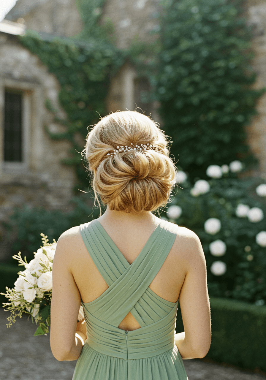 Bridesmaid with voluminous bouffant crown transitioning into sleek low pony-bun in sage green dress