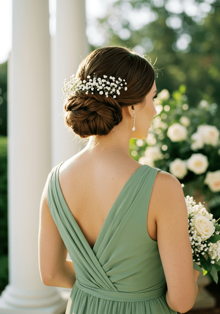 Bridesmaid with symbolic infinity knot low bun accented with baby's breath in sage green dress