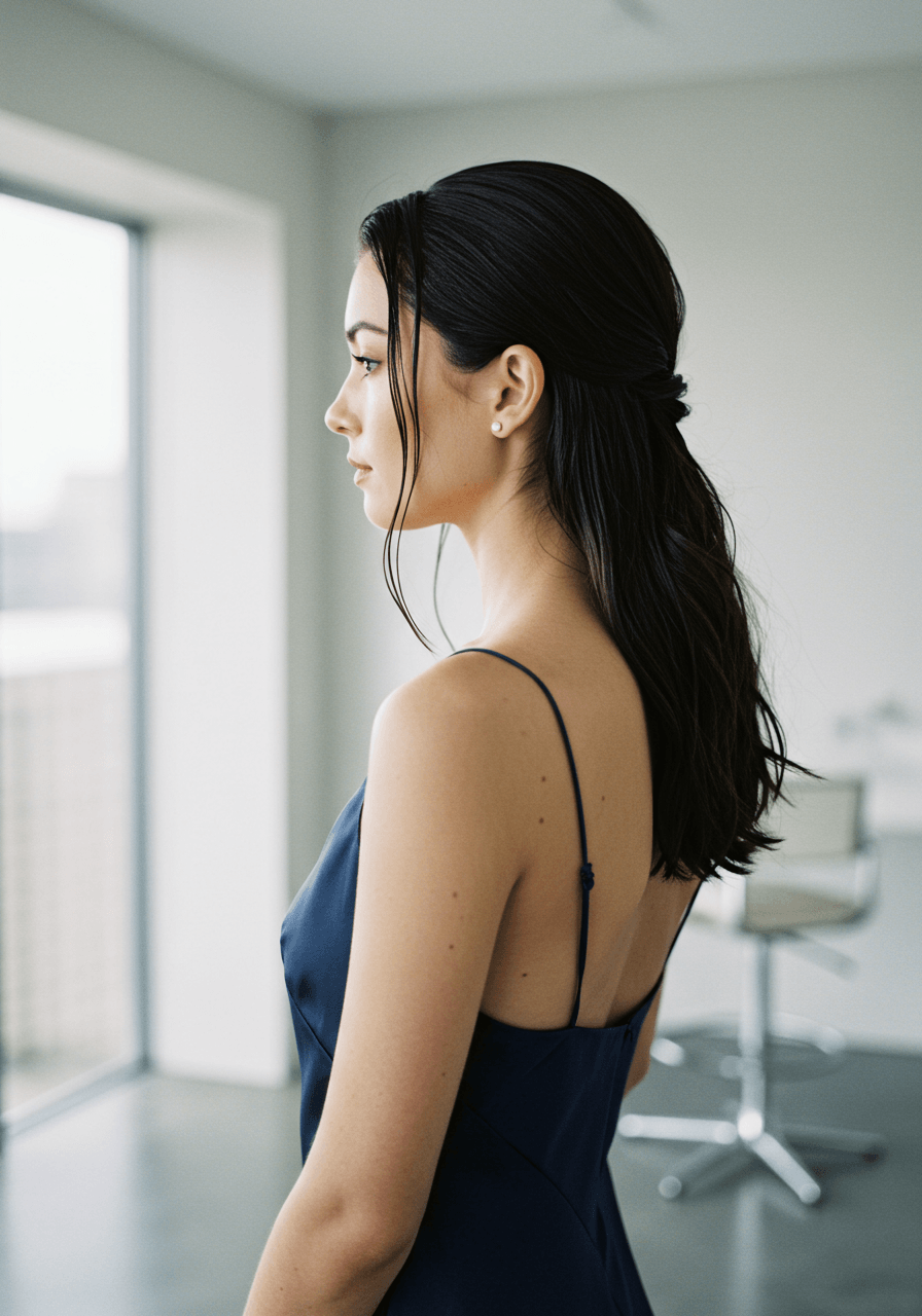 Bridesmaid with editorial wet-look low knot in navy blue silk dress in minimalist setting