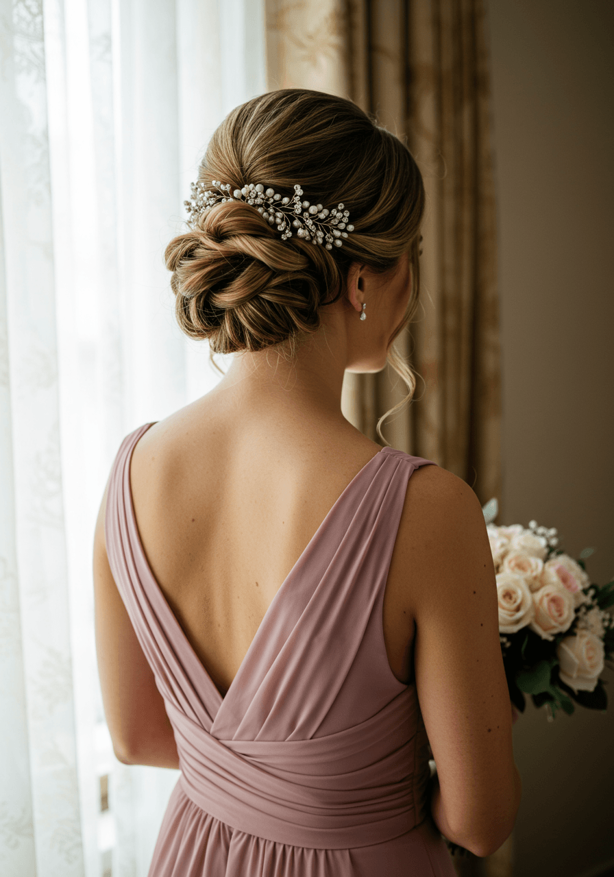Bridesmaid with soft romantic twisted updo adorned with delicate crystal pins catching light in dusty rose dress