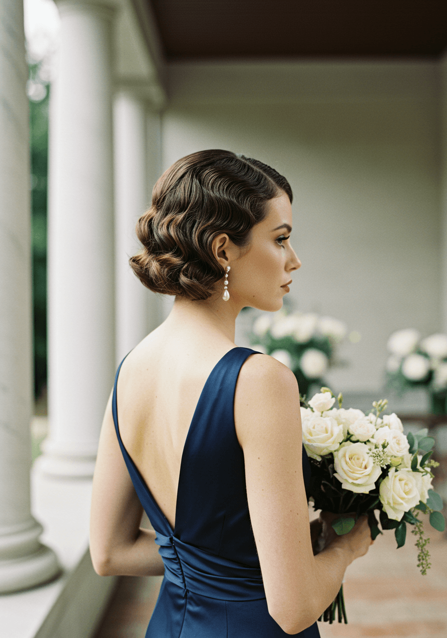Bridesmaid with 1940s-inspired glossy finger wave faux bob in navy blue dress with pearl accessories
