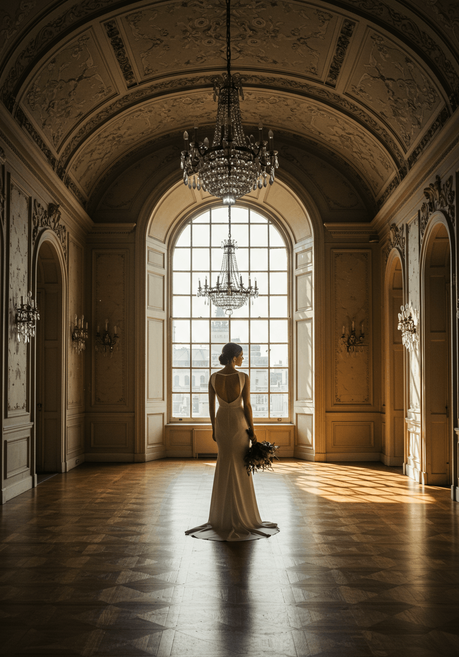 Classic crepe wedding dress with clean lines captured in dramatic backlighting from historic ballroom window
