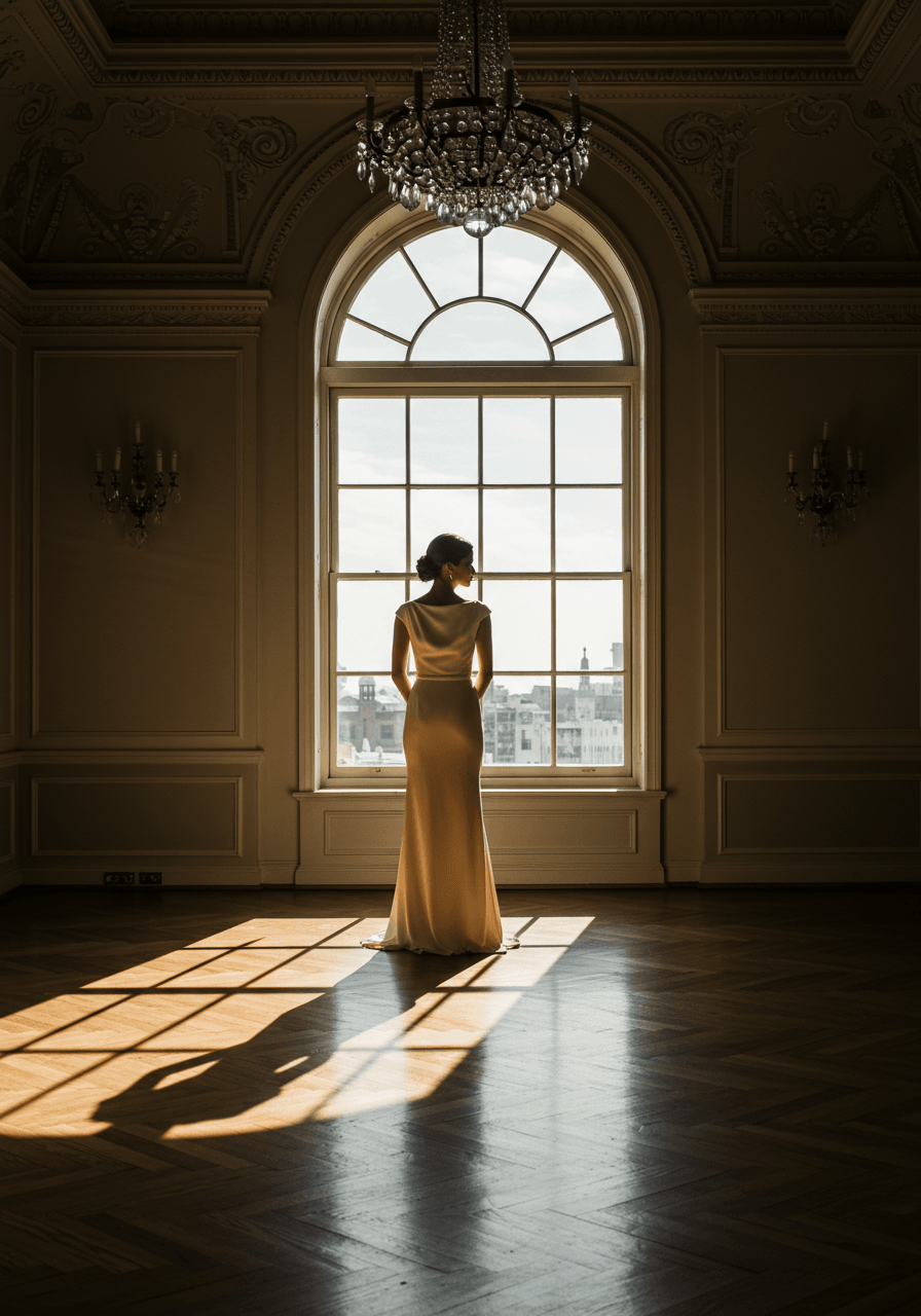 Bride in form-fitting crepe wedding dress with bateau neckline standing at arched window in historic ballroom