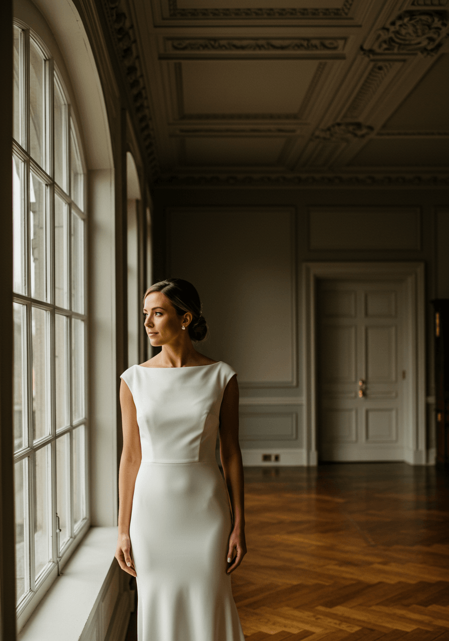 Elegant bride silhouetted against golden light in sophisticated sheath gown within grand ballroom architecture