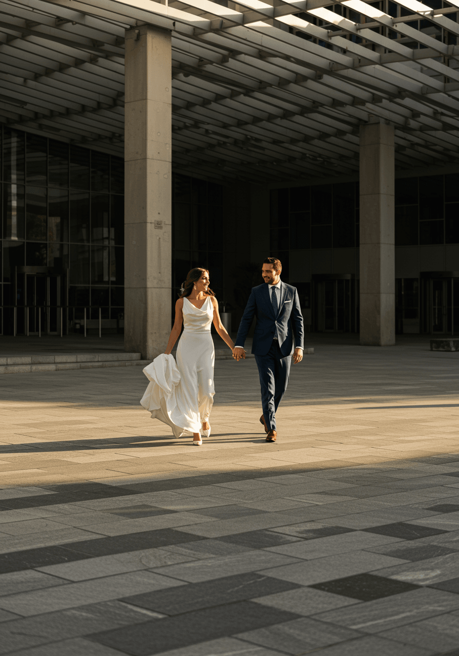 Stylish couple walking across modern city plaza during golden hour, bride in sleek jumpsuit and groom in tailored suit
