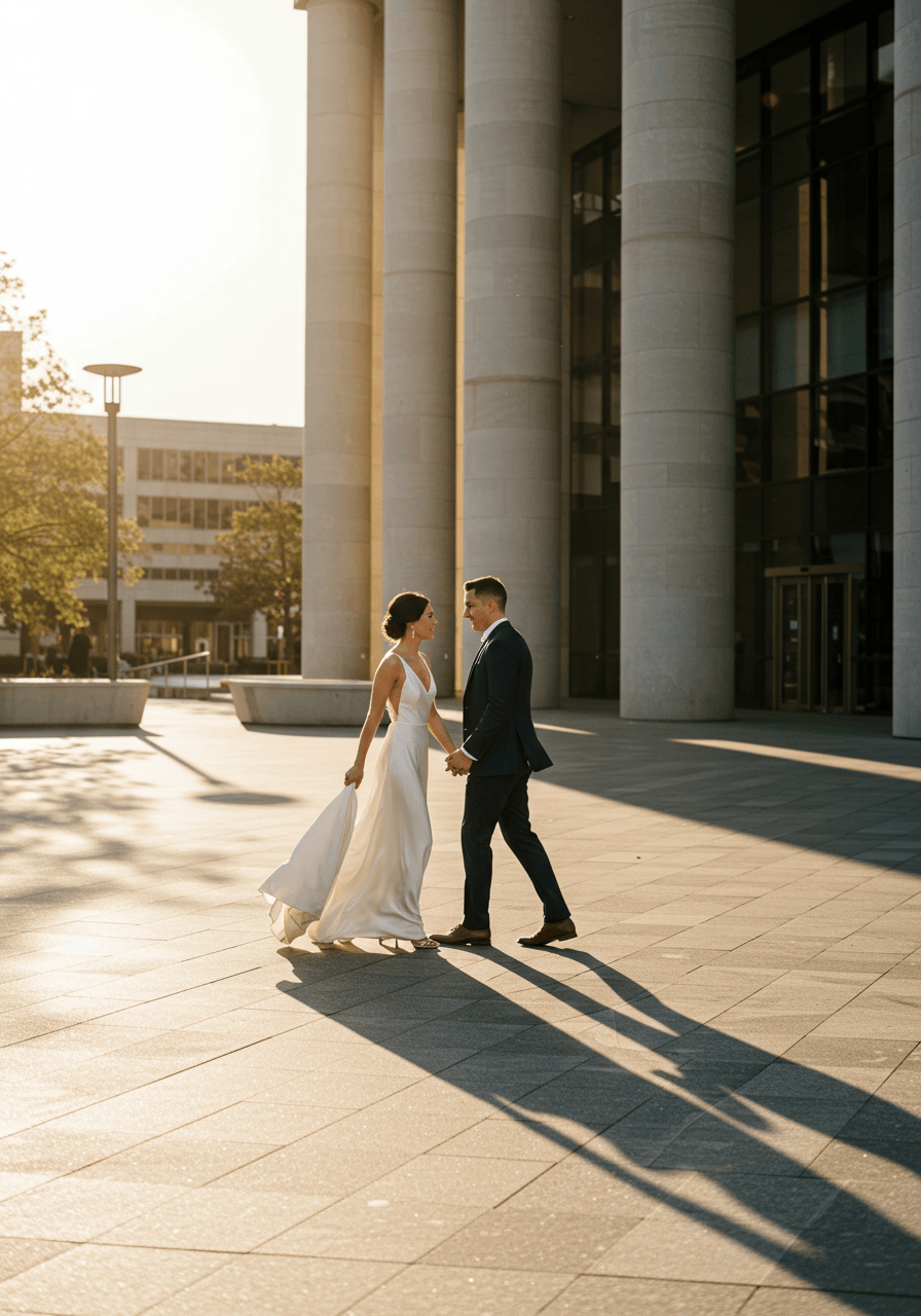 Contemporary wedding couple in motion across urban architectural setting with reflective surfaces and clean lines