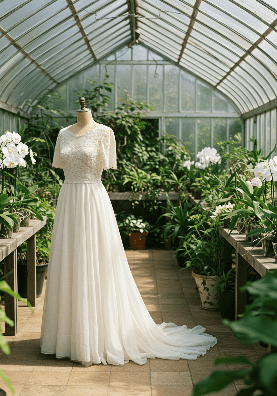 Classic A-line wedding dress with delicate lace sleeves displayed on vintage mannequin in sun-drenched conservatory with orchids