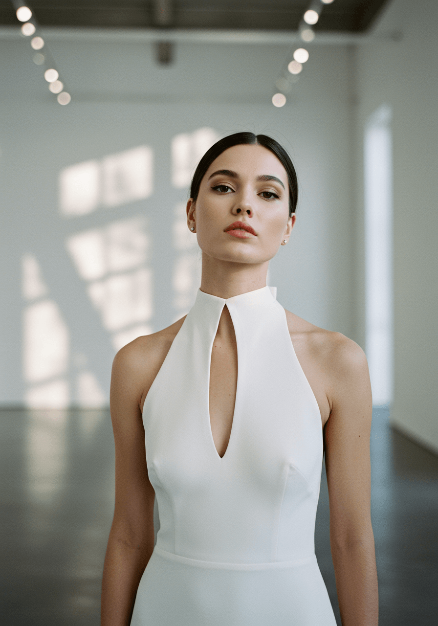 Contemporary bride in sleek crepe dress posed in bright minimalist gallery space with geometric shadows